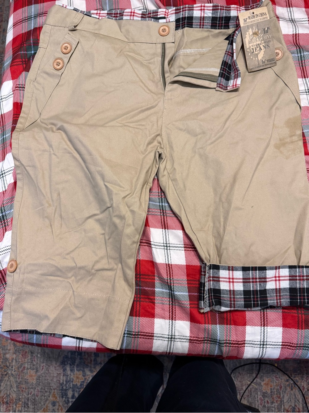 & Other Stories Khaki Shorts with Red Black White Plaid Trim